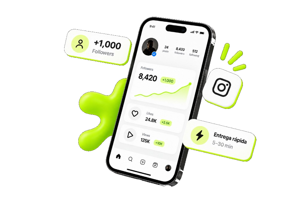 Mockup de crecimiento en Instagram con followers, likes y views